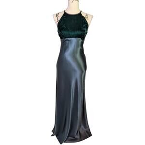 Vintage 90s Zum Zum Velvet Satin Maxi Dress Green Lace Up Back Slip Y2K